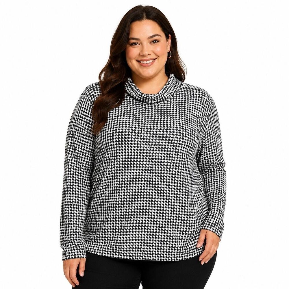 Cuddl Duds Shirt Womens 2X Black White Check Cowl Neck Long Sleeve Stretch Tee